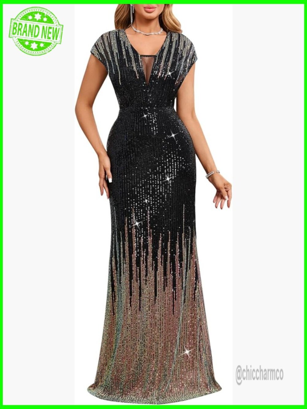 Sequin Mermaid Maxi Dress, V-Neck Cap Sleeve Formal Evening Gown